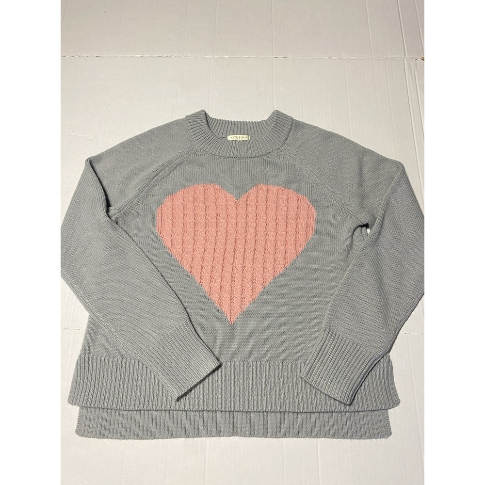 Kate & Sam Women's  S Gray Pink Cable Knit Heart Crew Neck Long Sleeve Sweater
